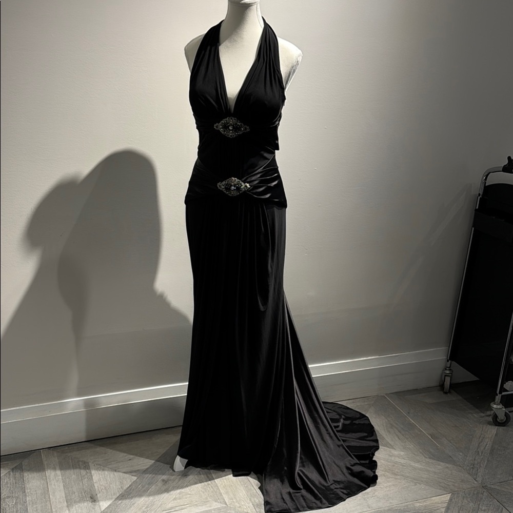 Terani Black Embellished Backless Maxi Gown